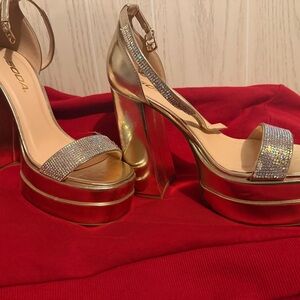 Soda Gold Rhinestone Platform Block Heels